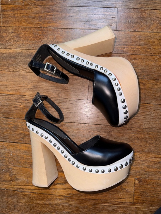Jeffrey Campbell Shoes - Jeffrey Campbell Barbeau Black Studded Platform Clog with Natural Wood Heel